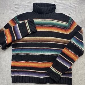 Men's Vintage Ralph Lauren Black Aztec Serape Stripe Wool Turtleneck Sweater
